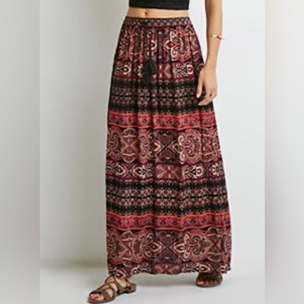Forever 21 Floral Print Black/Purple Elastic Waist Maxi Skirt(Size Small)